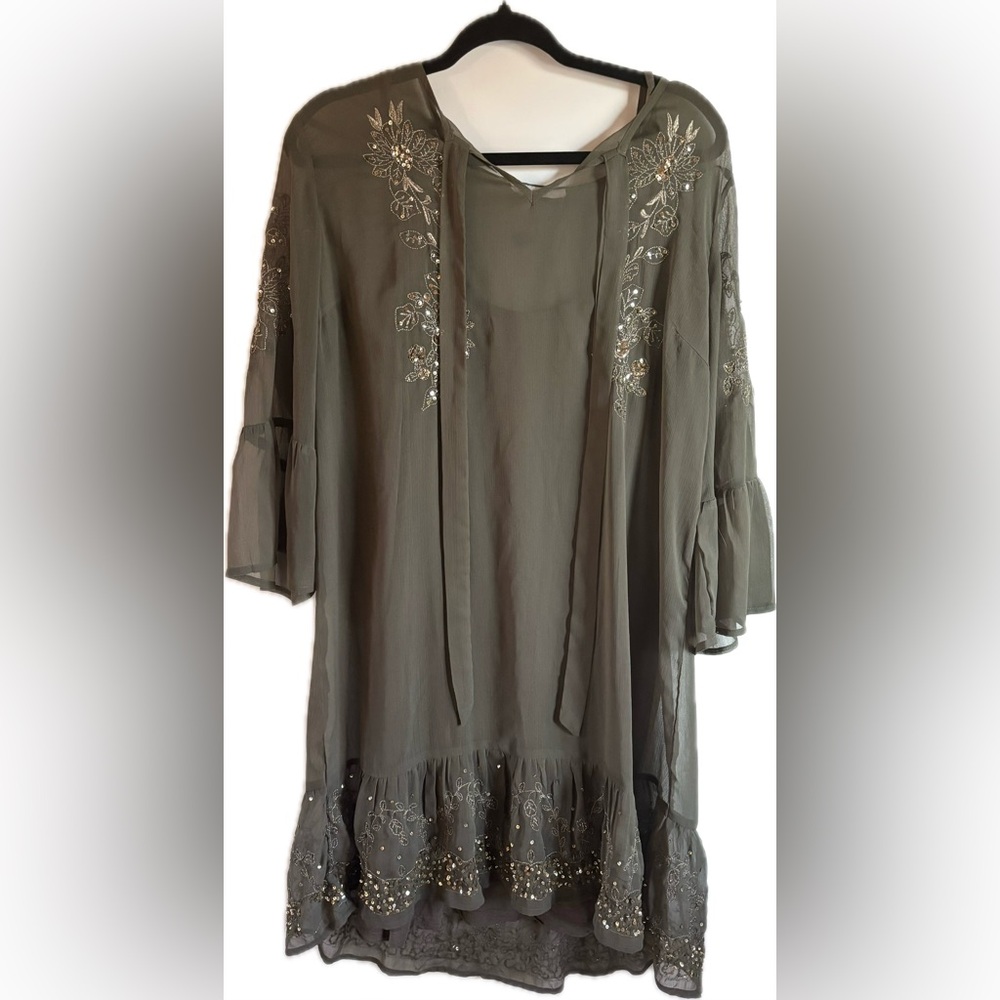 CREAM Sheer Olive Green Embellished Dress